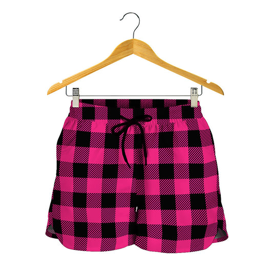 Pink And Black Buffalo Plaid Print Women's Shorts