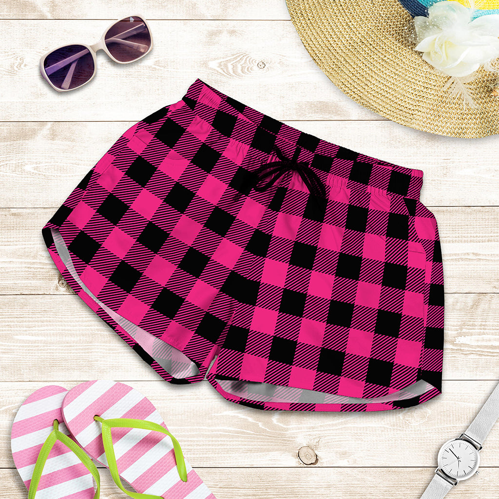 Pink And Black Buffalo Plaid Print Women's Shorts