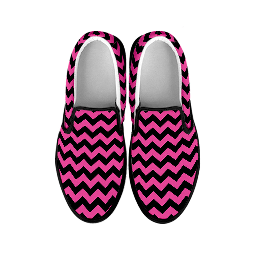 Pink And Black Chevron Pattern Print Black Slip On Shoes