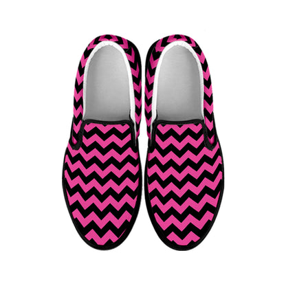 Pink And Black Chevron Pattern Print Black Slip On Shoes