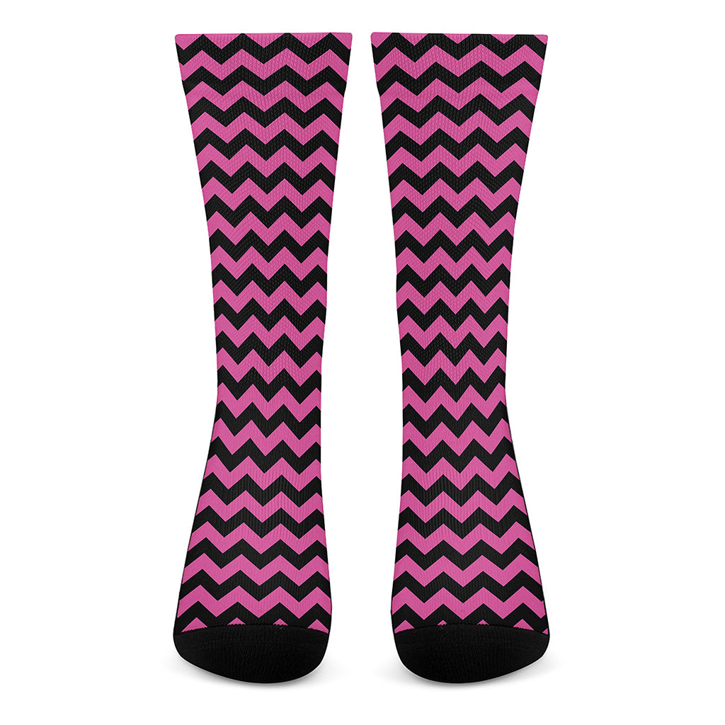 Pink And Black Chevron Pattern Print Crew Socks