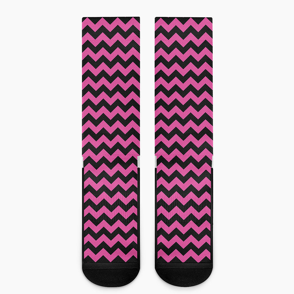 Pink And Black Chevron Pattern Print Crew Socks