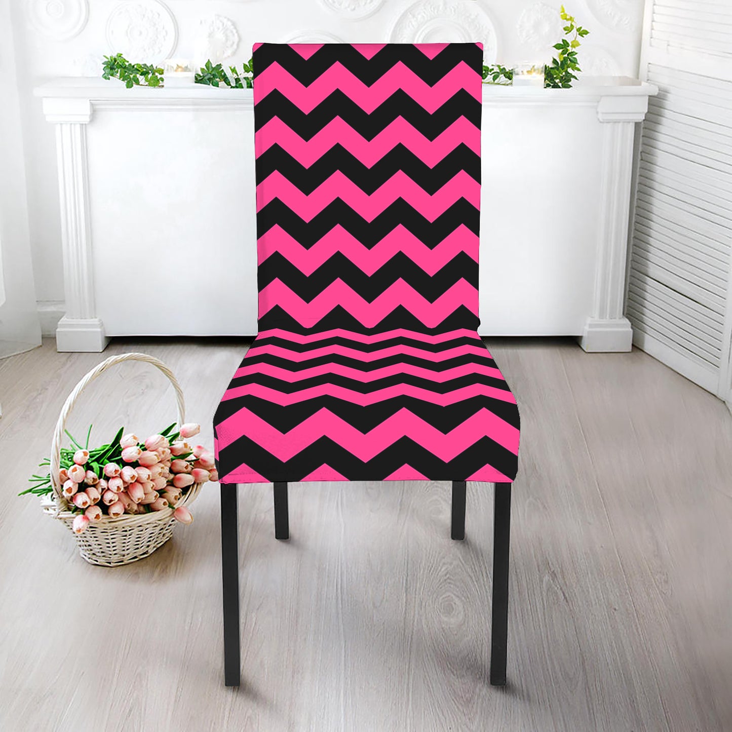 Pink And Black Chevron Pattern Print Dining Chair Slipcover