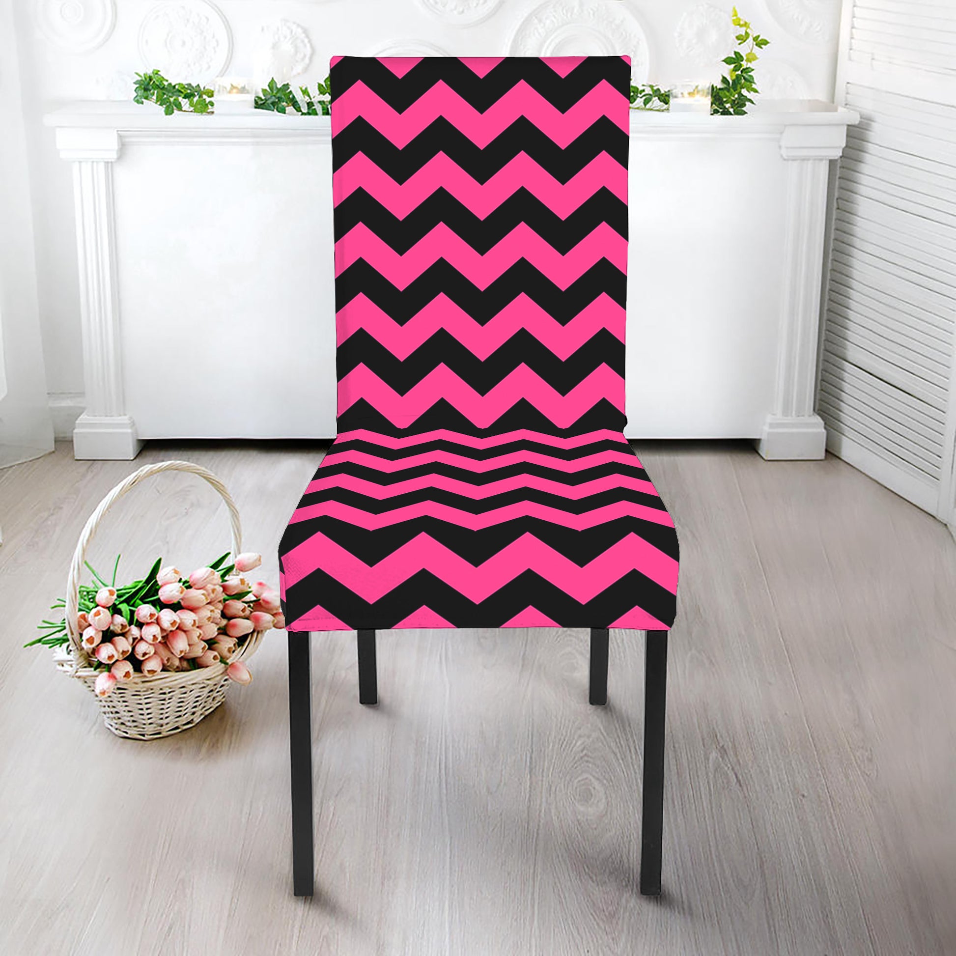 Pink And Black Chevron Pattern Print Dining Chair Slipcover