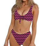 Pink And Black Chevron Pattern Print Front Bow Tie Bikini