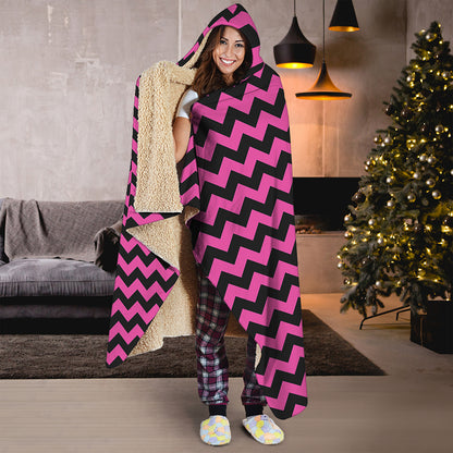 Pink And Black Chevron Pattern Print Hooded Blanket