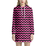 Pink And Black Chevron Pattern Print Hoodie Dress