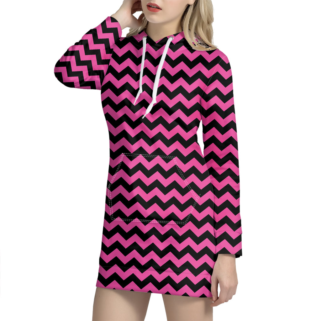 Pink And Black Chevron Pattern Print Hoodie Dress