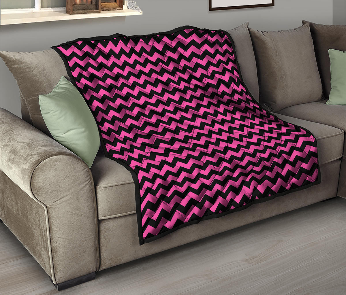 Pink And Black Chevron Pattern Print Quilt