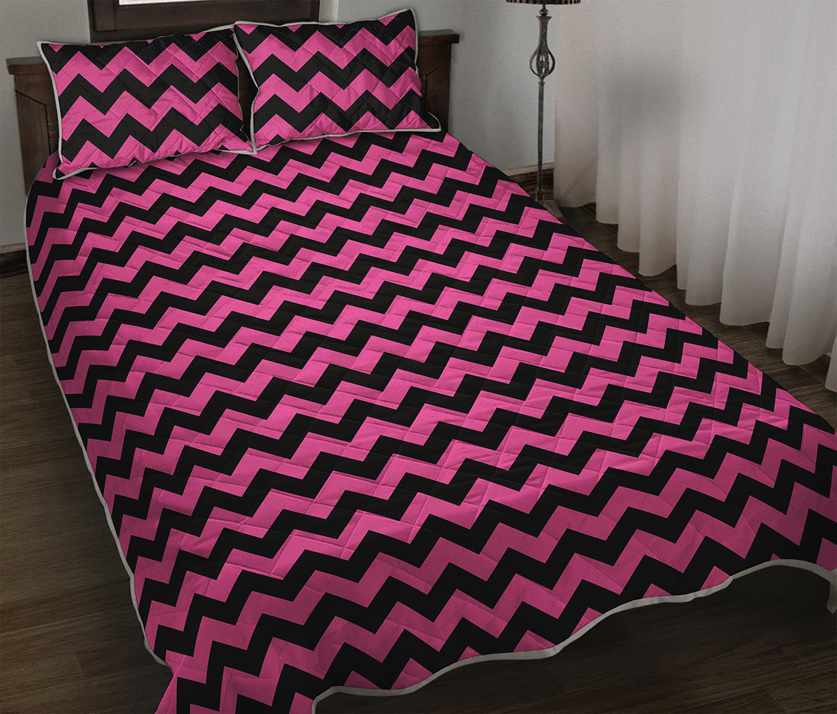 Pink And Black Chevron Pattern Print Quilt Bed Set