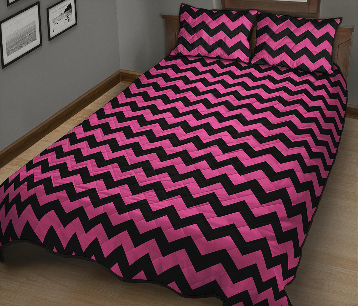Pink And Black Chevron Pattern Print Quilt Bed Set