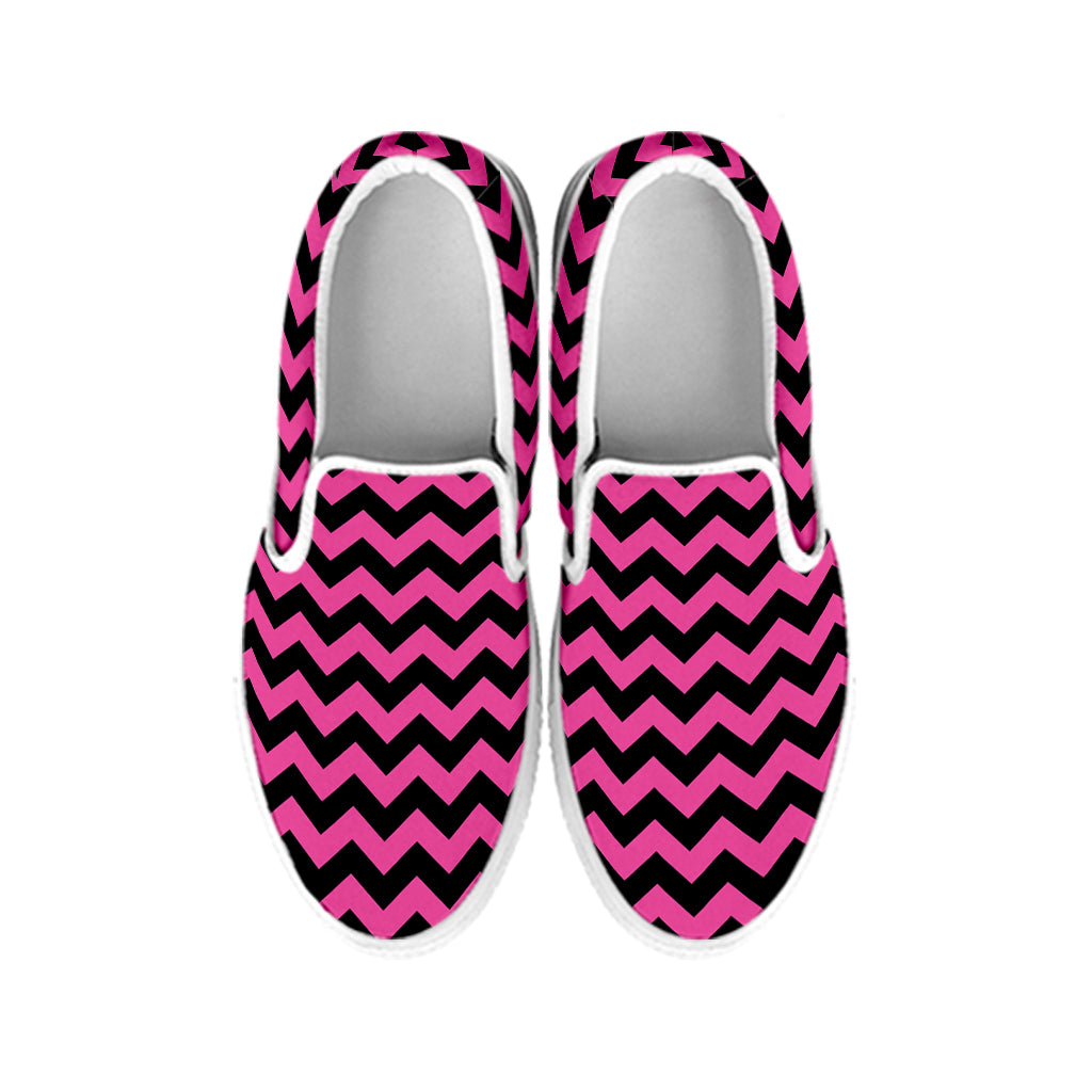 Pink And Black Chevron Pattern Print White Slip On Shoes