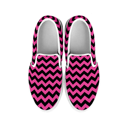 Pink And Black Chevron Pattern Print White Slip On Shoes