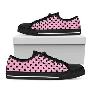 Pink And Black Polka Dot Pattern Print Black Low Top Shoes