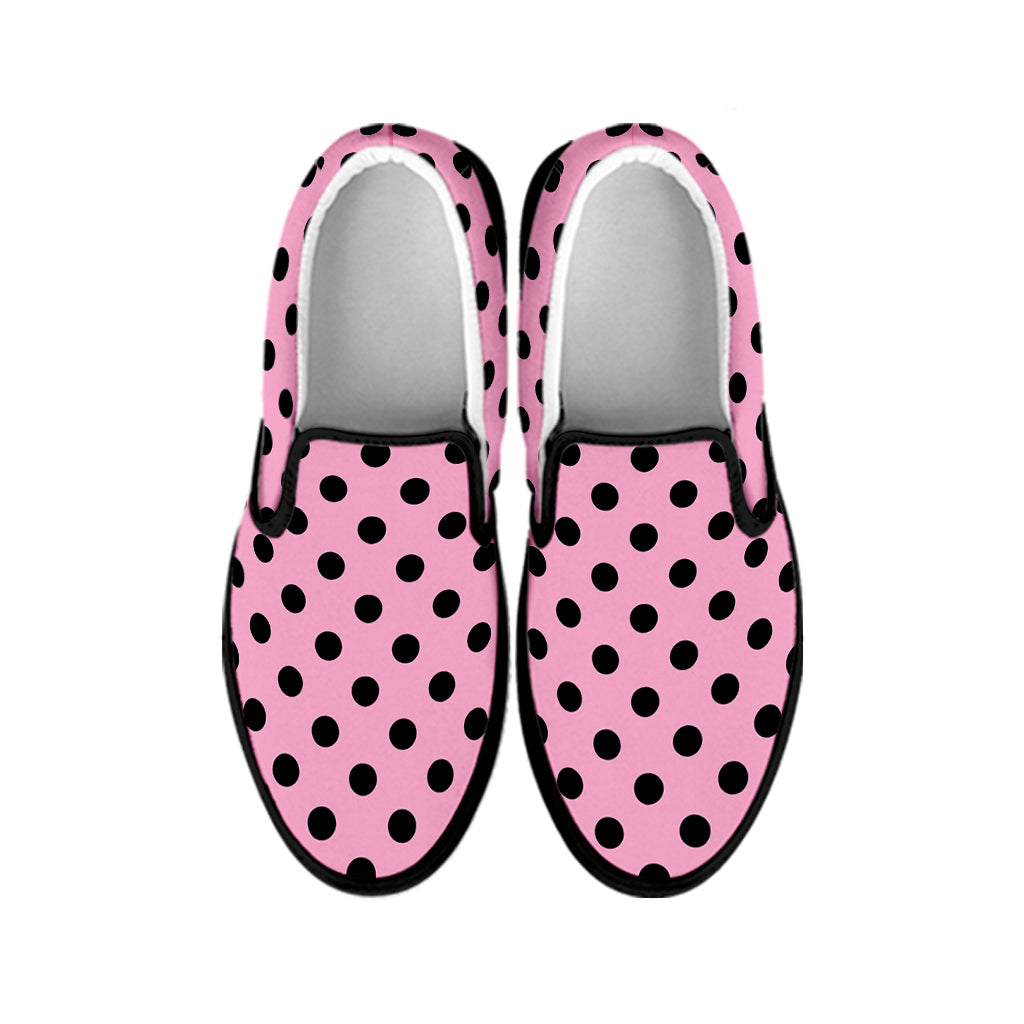 Pink And Black Polka Dot Pattern Print Black Slip On Shoes