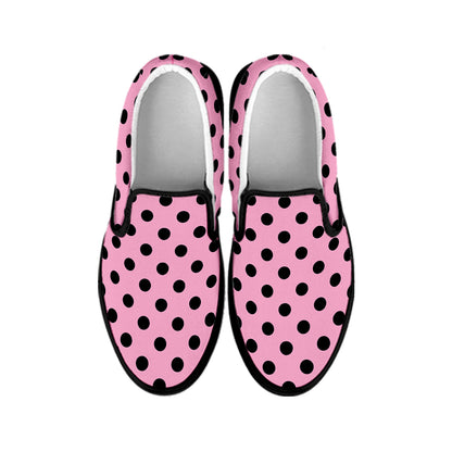 Pink And Black Polka Dot Pattern Print Black Slip On Shoes