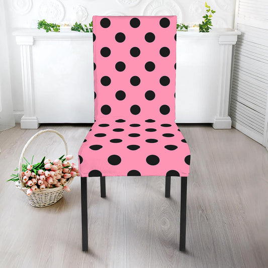 Pink And Black Polka Dot Pattern Print Dining Chair Slipcover