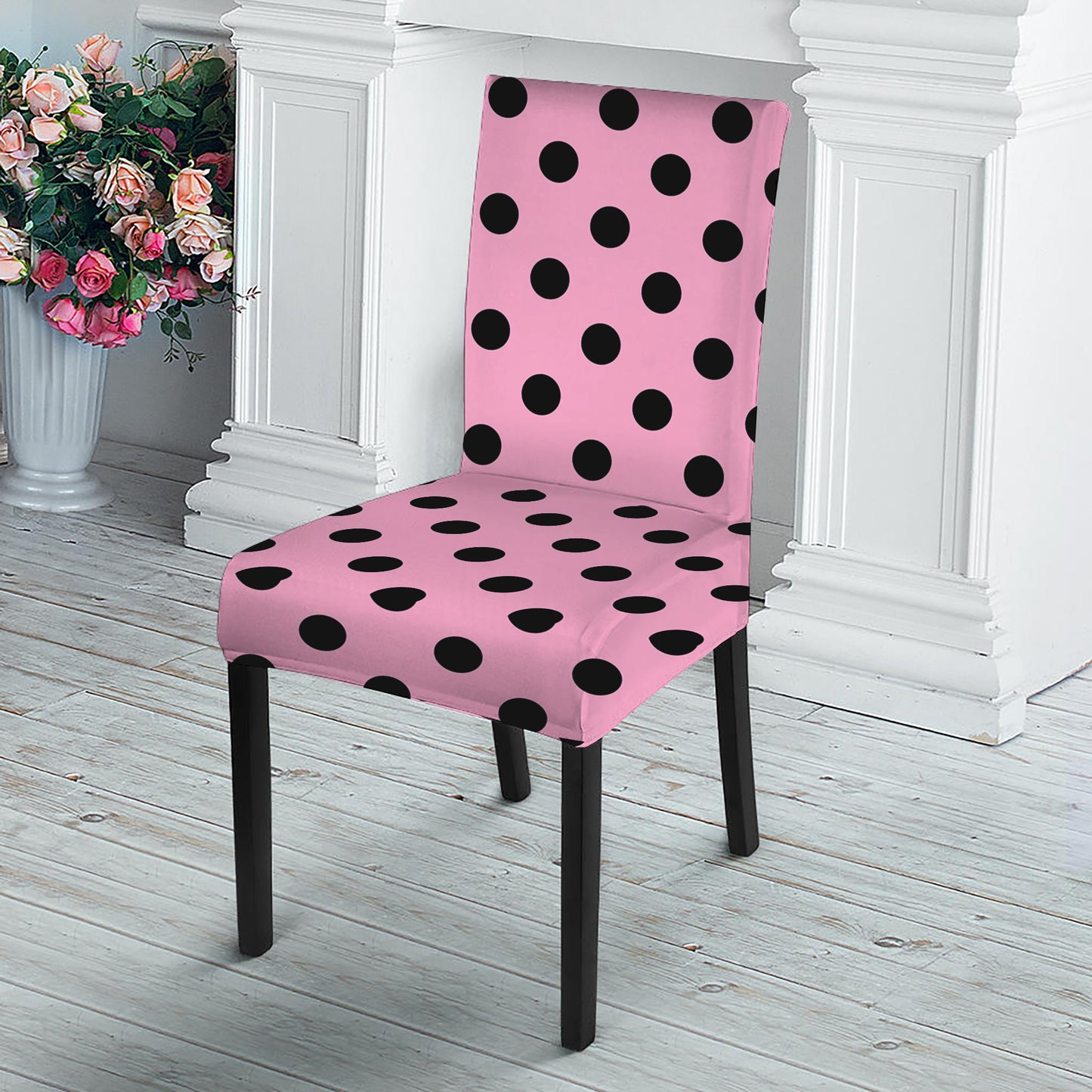 Pink And Black Polka Dot Pattern Print Dining Chair Slipcover