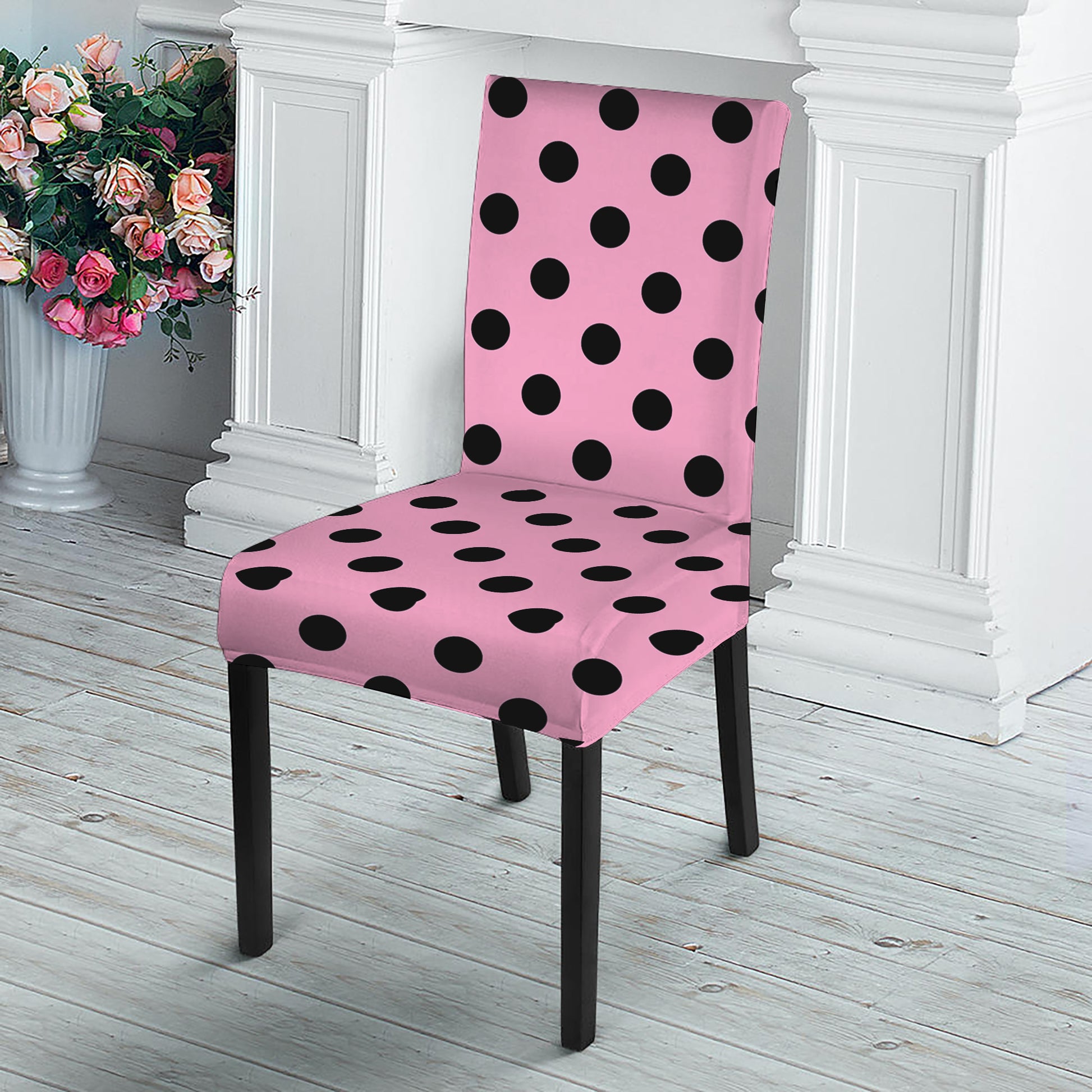 Pink And Black Polka Dot Pattern Print Dining Chair Slipcover