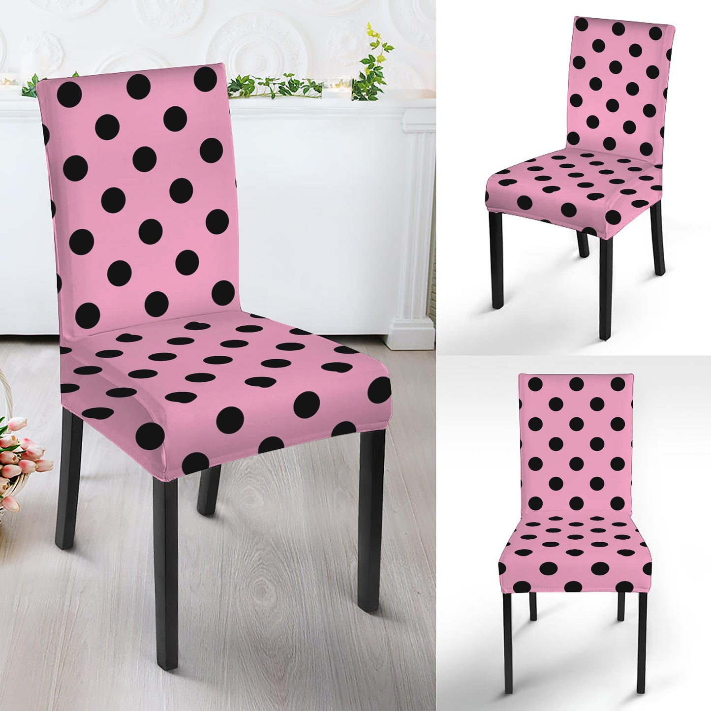 Pink And Black Polka Dot Pattern Print Dining Chair Slipcover