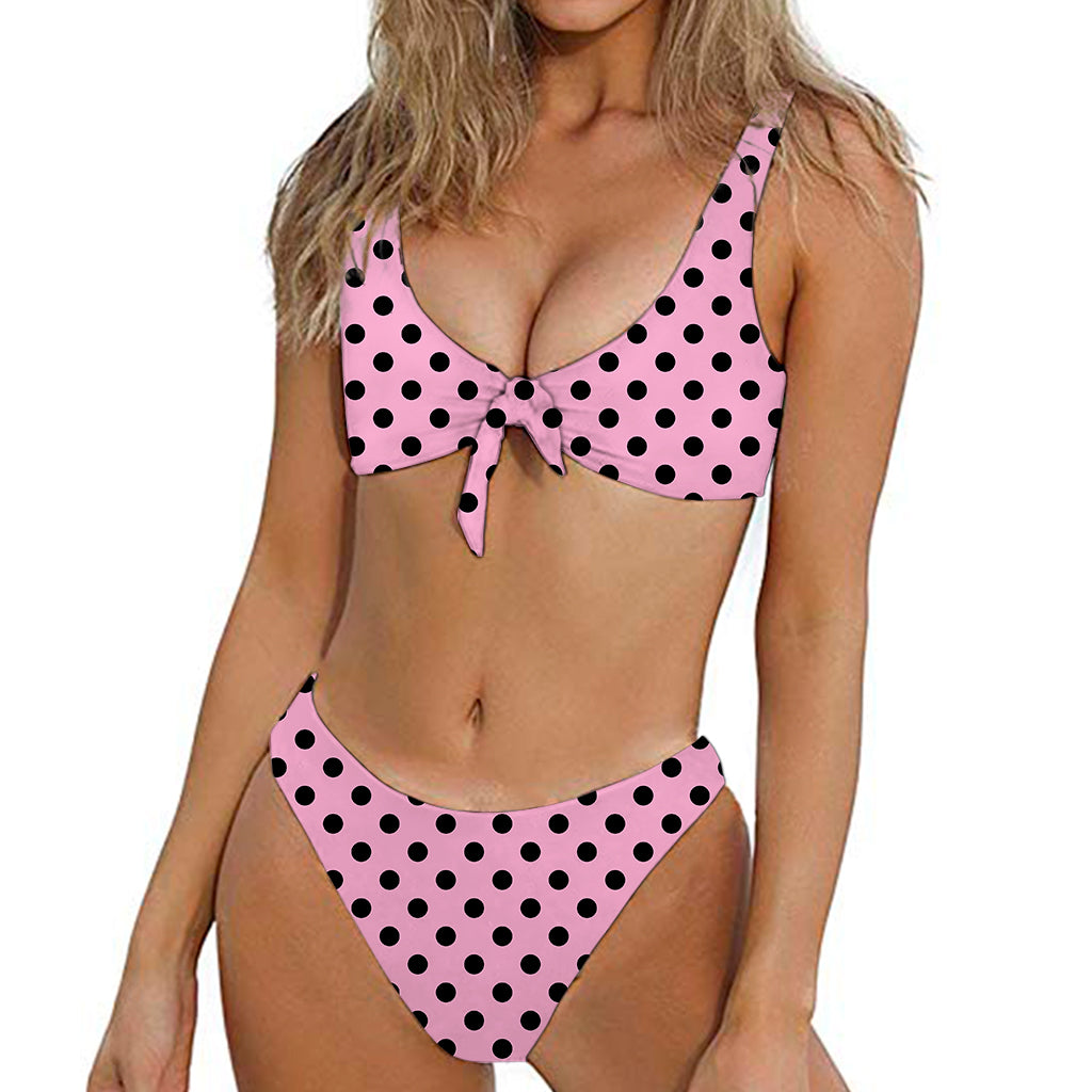 Pink And Black Polka Dot Pattern Print Front Bow Tie Bikini