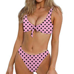 Pink And Black Polka Dot Pattern Print Front Bow Tie Bikini