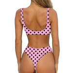 Pink And Black Polka Dot Pattern Print Front Bow Tie Bikini