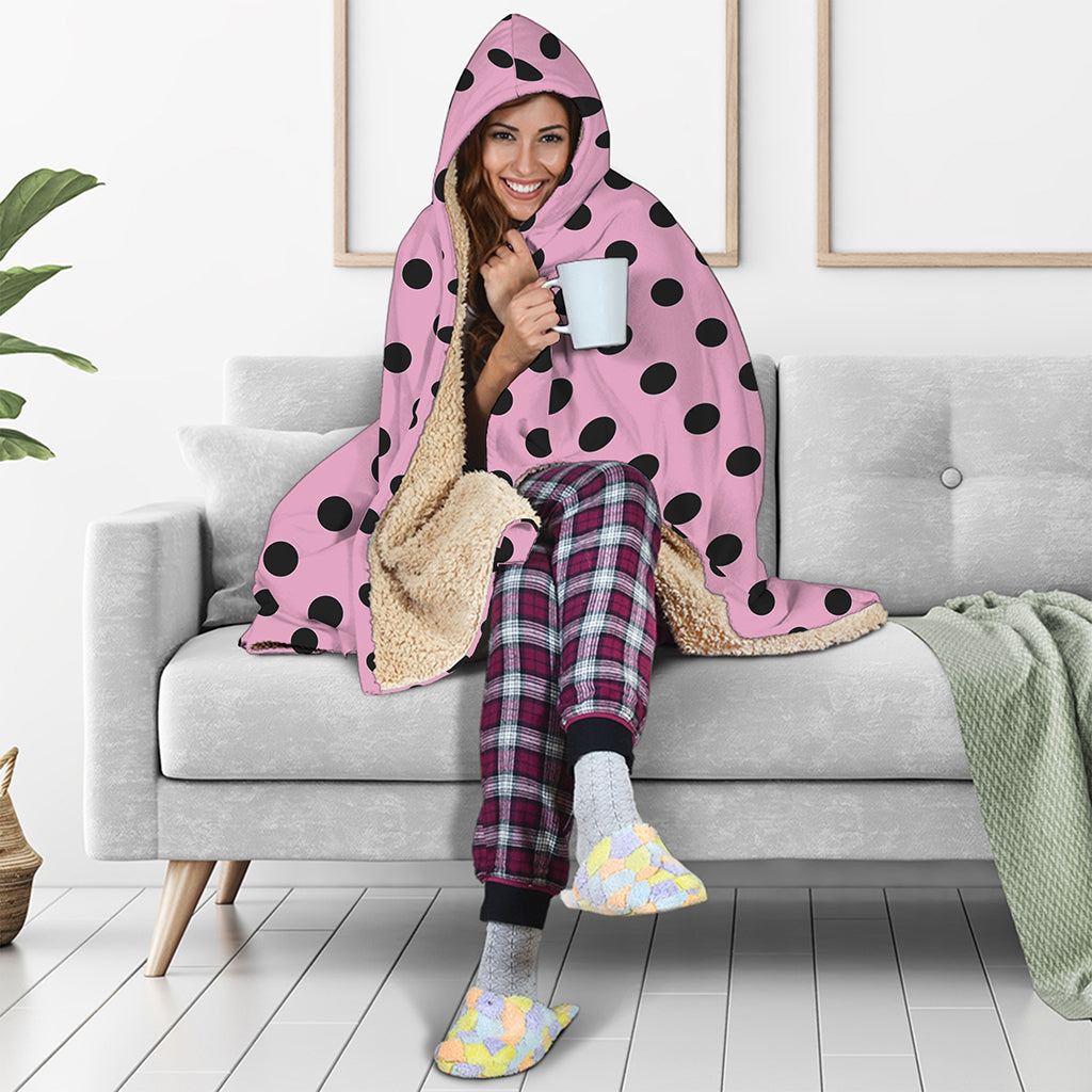 Pink And Black Polka Dot Pattern Print Hooded Blanket
