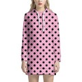 Pink And Black Polka Dot Pattern Print Pullover Hoodie Dress