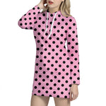 Pink And Black Polka Dot Pattern Print Hoodie Dress