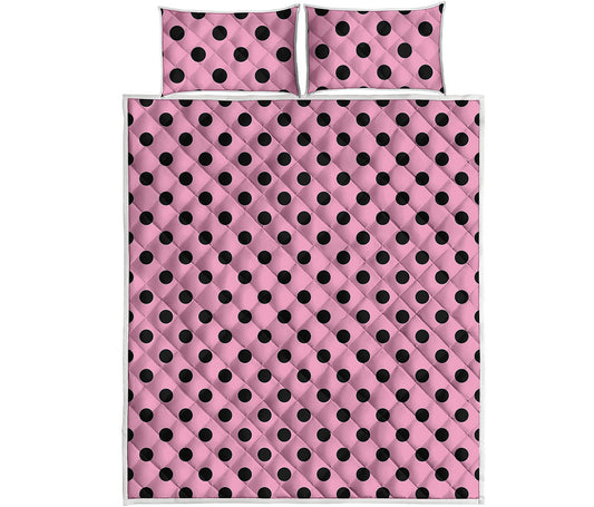 Pink And Black Polka Dot Pattern Print Quilt Bed Set