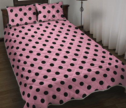 Pink And Black Polka Dot Pattern Print Quilt Bed Set