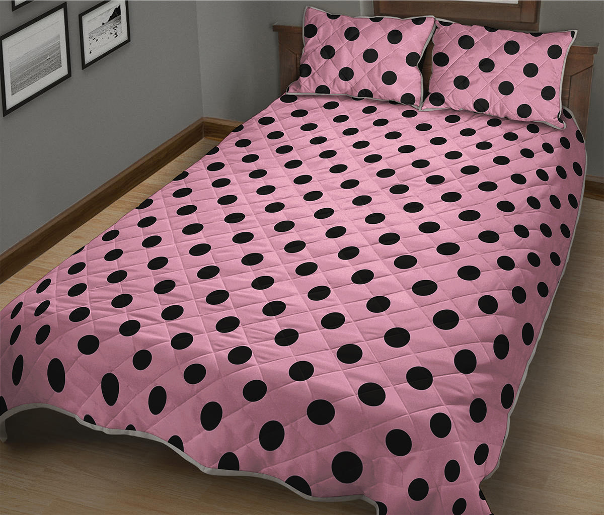 Pink And Black Polka Dot Pattern Print Quilt Bed Set