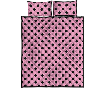 Pink And Black Polka Dot Pattern Print Quilt Bed Set