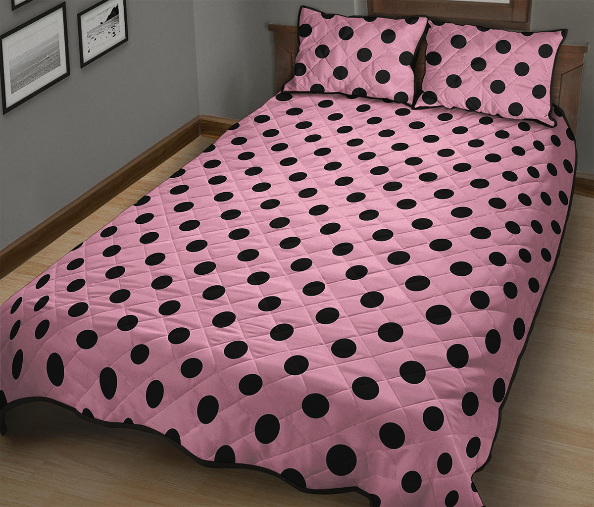 Pink And Black Polka Dot Pattern Print Quilt Bed Set