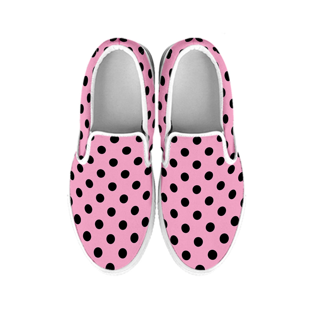 Pink And Black Polka Dot Pattern Print White Slip On Shoes