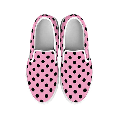 Pink And Black Polka Dot Pattern Print White Slip On Shoes
