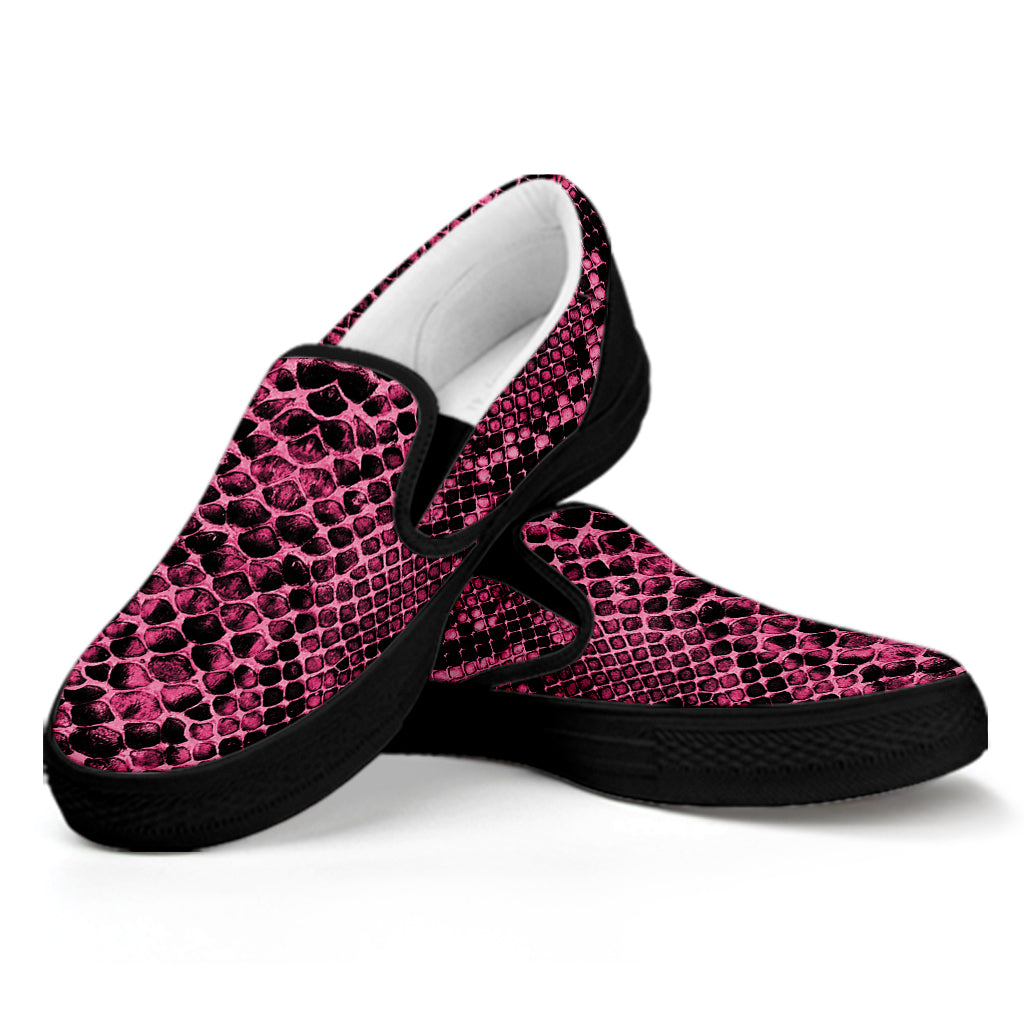 Pink And Black Snakeskin Print Black Slip On Shoes