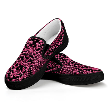 Pink And Black Snakeskin Print Black Slip On Shoes