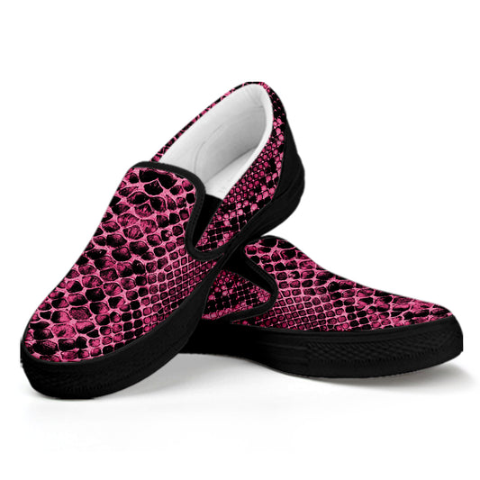 Pink And Black Snakeskin Print Black Slip On Shoes
