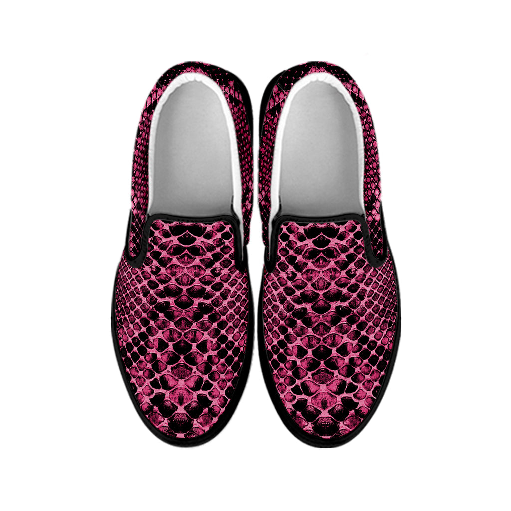 Pink And Black Snakeskin Print Black Slip On Shoes