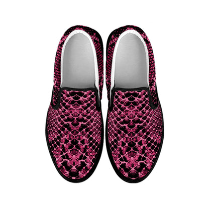 Pink And Black Snakeskin Print Black Slip On Shoes