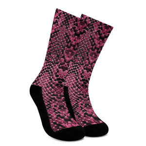 Pink And Black Snakeskin Print Crew Socks