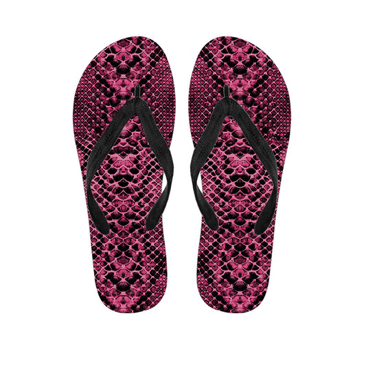 Pink And Black Snakeskin Print Flip Flops