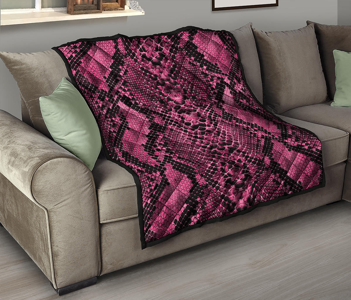 Pink And Black Snakeskin Print Quilt