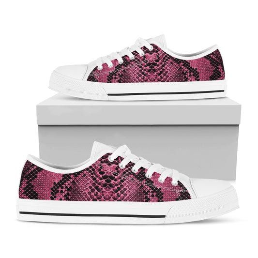Pink And Black Snakeskin Print White Low Top Shoes