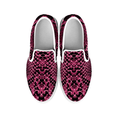 Pink And Black Snakeskin Print White Slip On Shoes