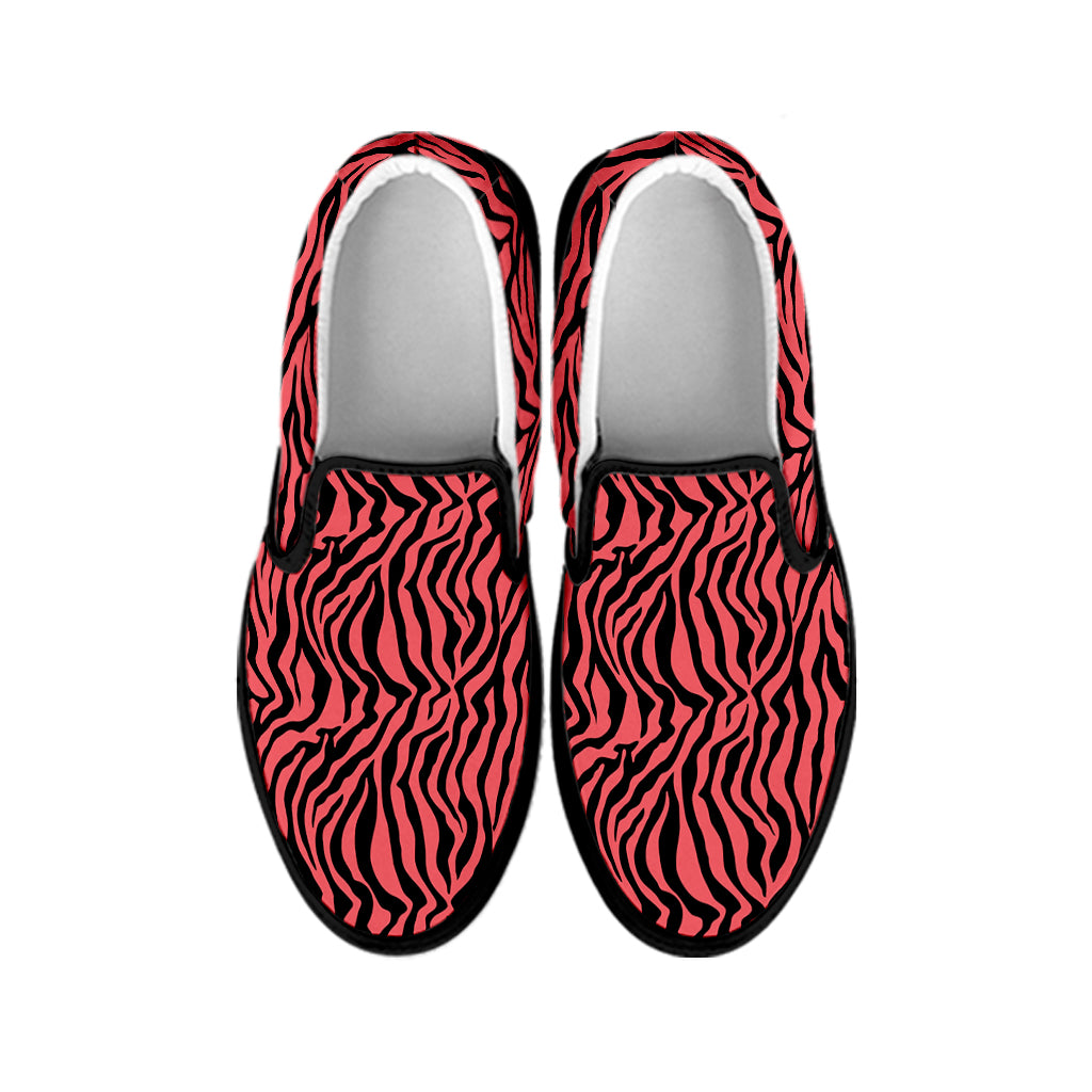 Pink And Black Tiger Stripe Print Black Slip On Shoes