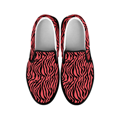 Pink And Black Tiger Stripe Print Black Slip On Shoes