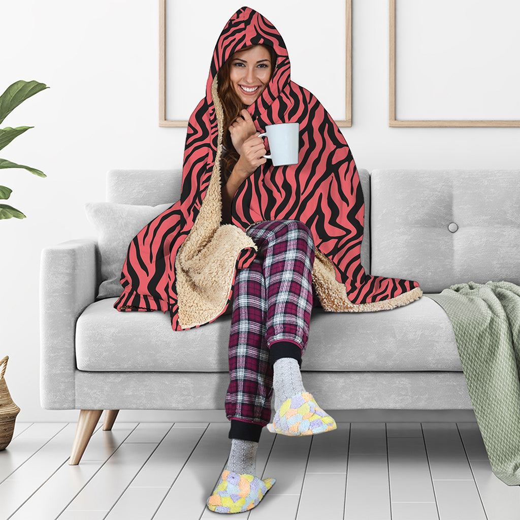 Pink And Black Tiger Stripe Print Hooded Blanket